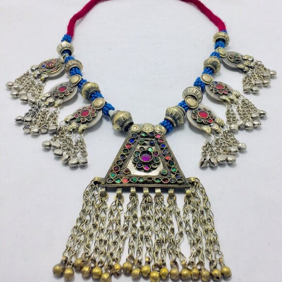 Afghan Vintage Long Dangling Pendant Necklace, Beaded Vintage Pendant Necklace - Picture 2 of 9